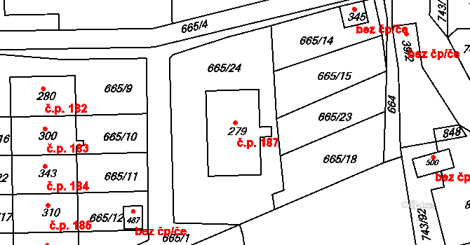 Škrdlovice 187 na parcele st. 279 v KÚ Škrdlovice, Katastrální mapa