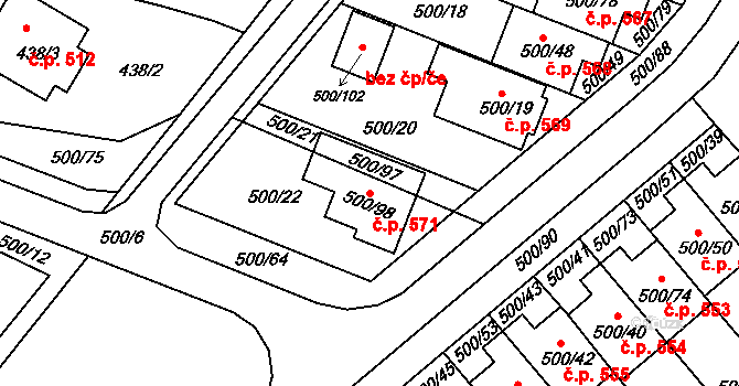 Bylnice 571, Brumov-Bylnice na parcele st. 500/98 v KÚ Bylnice, Katastrální mapa