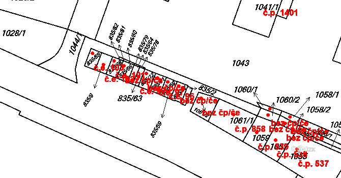Kunovice 96 na parcele st. 835/59 v KÚ Kunovice u Uherského Hradiště, Katastrální mapa
