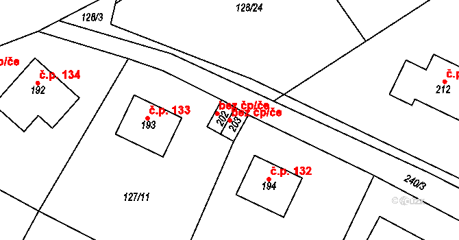 Radovesnice I 49577964 na parcele st. 203 v KÚ Radovesnice I, Katastrální mapa