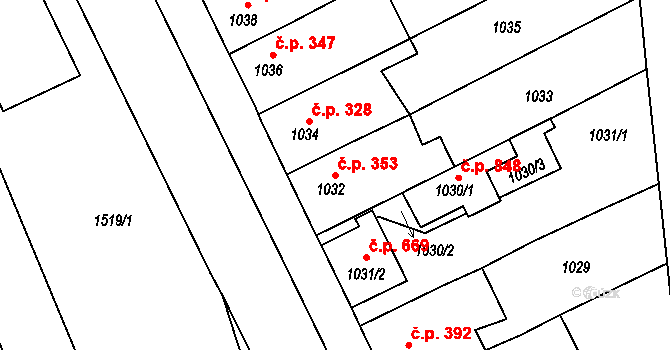 Litomyšlské Předměstí 353, Vysoké Mýto na parcele st. 1032 v KÚ Vysoké Mýto, Katastrální mapa