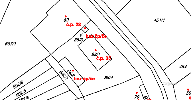 Horní Fořt 35, Uhelná na parcele st. 88/1 v KÚ Dolní Fořt, Katastrální mapa