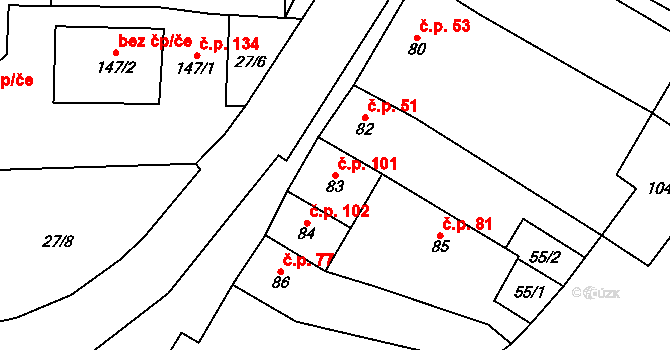 Podmokly 101 na parcele st. 83 v KÚ Podmokly nad Berounkou, Katastrální mapa