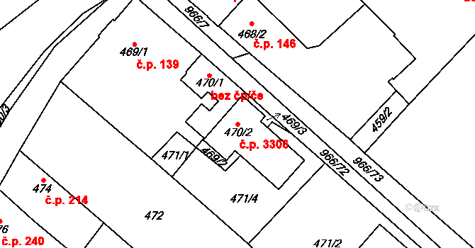 Milovice 3306 na parcele st. 470/2 v KÚ Milovice nad Labem, Katastrální mapa
