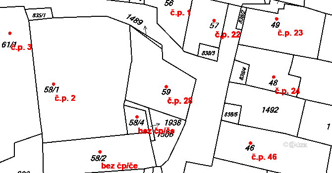 Brozánky 28, Řehlovice na parcele st. 59 v KÚ Řehlovice, Katastrální mapa