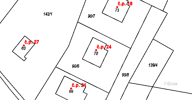 Podmoklany 24 na parcele st. 70 v KÚ Podmoklany, Katastrální mapa
