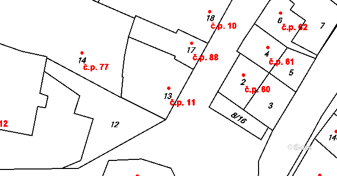 Seloutky 11 na parcele st. 13 v KÚ Seloutky, Katastrální mapa