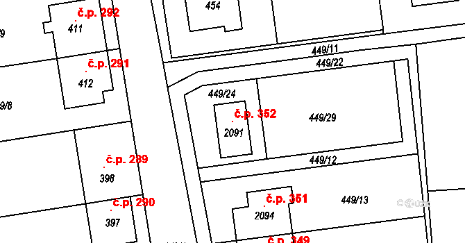 Brankovice 352 na parcele st. 2091 v KÚ Brankovice, Katastrální mapa