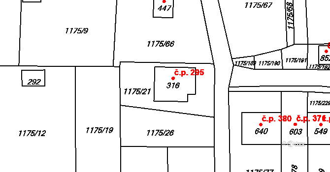 Vranov nad Dyjí 295 na parcele st. 316 v KÚ Vranov nad Dyjí, Katastrální mapa