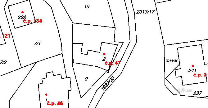 Milenov 47 na parcele st. 2 v KÚ Milenov, Katastrální mapa