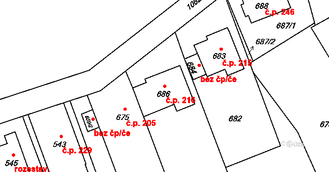 Přerov VII-Čekyně 216, Přerov na parcele st. 686 v KÚ Čekyně, Katastrální mapa
