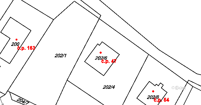 Provodín 47 na parcele st. 202/6 v KÚ Provodín, Katastrální mapa