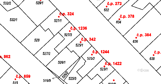 Ratíškovice 342 na parcele st. 525/1 v KÚ Ratíškovice, Katastrální mapa