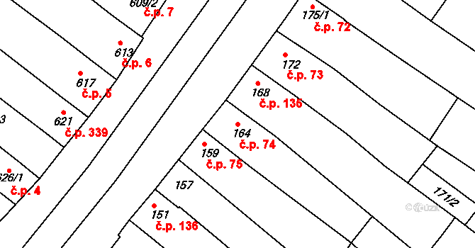 Milokošť 74, Veselí nad Moravou na parcele st. 164 v KÚ Milokošť, Katastrální mapa