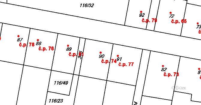 Vodochody 74 na parcele st. 90 v KÚ Vodochody u Prahy, Katastrální mapa