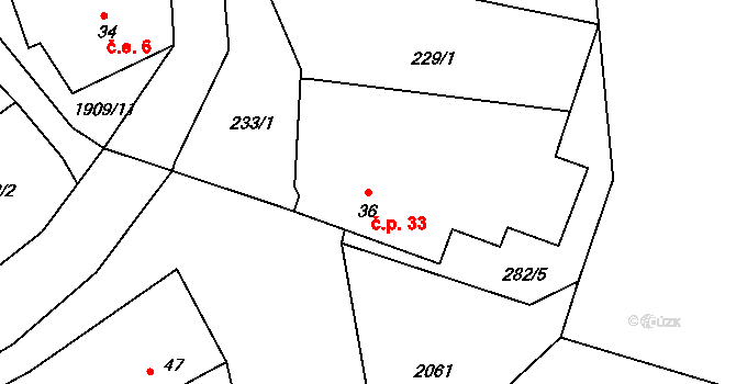 Milevo 33, Kladruby na parcele st. 36 v KÚ Milevo, Katastrální mapa