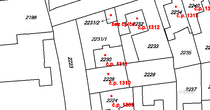 Žižkov 1311, Praha na parcele st. 2230 v KÚ Žižkov, Katastrální mapa