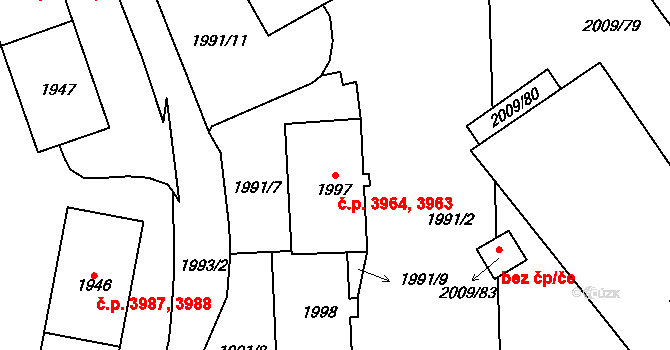 Chomutov 3963,3964 na parcele st. 1997 v KÚ Chomutov I, Katastrální mapa