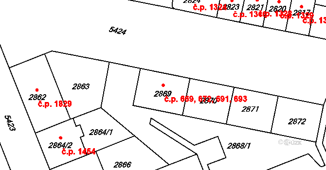 Východní Předměstí 669,672,691,693, Plzeň na parcele st. 2869 v KÚ Plzeň, Katastrální mapa