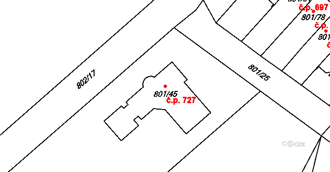 Lázně Bohdaneč 727 na parcele st. 801/45 v KÚ Lázně Bohdaneč, Katastrální mapa