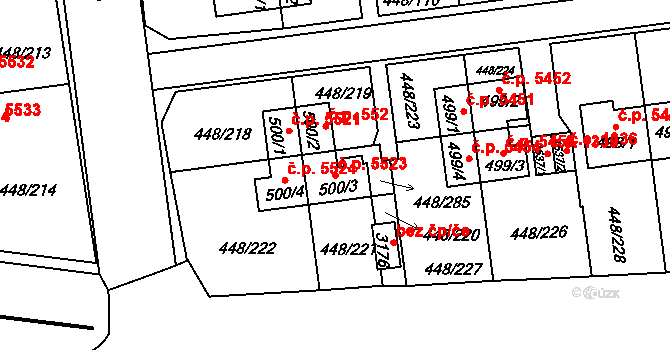 Otrokovice 5523 na parcele st. 500/3 v KÚ Otrokovice, Katastrální mapa