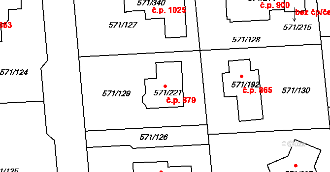 Šeberov 879, Praha na parcele st. 571/221 v KÚ Šeberov, Katastrální mapa