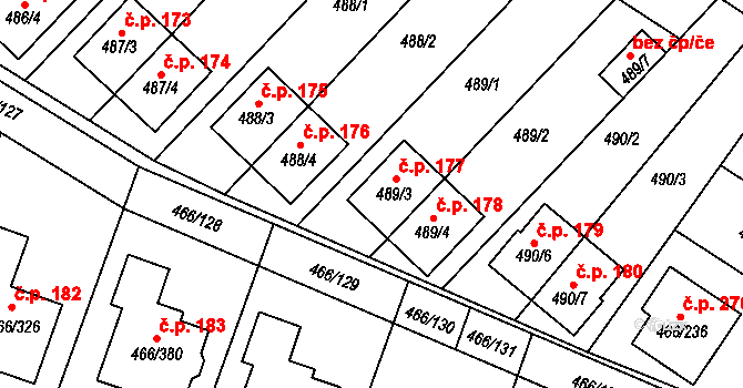 Rebešovice 177 na parcele st. 489/3 v KÚ Rebešovice, Katastrální mapa