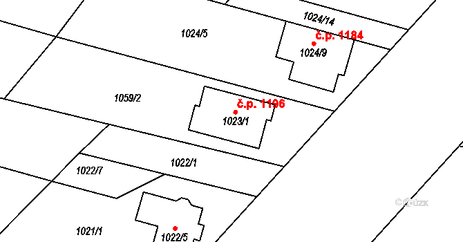 Mutěnice 1196 na parcele st. 1023/1 v KÚ Mutěnice, Katastrální mapa