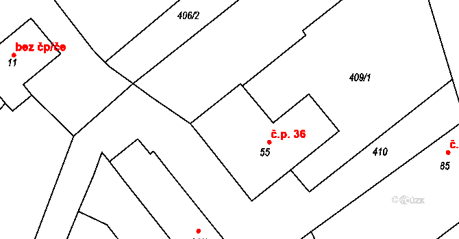 Kladeruby nad Oslavou 36 na parcele st. 55 v KÚ Kladeruby nad Oslavou, Katastrální mapa