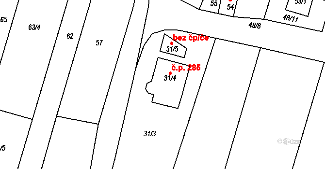 Přítluky 285 na parcele st. 31/4 v KÚ Přítluky, Katastrální mapa