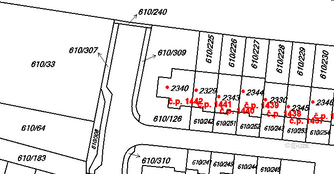 Rosice 1442 na parcele st. 2340 v KÚ Rosice u Brna, Katastrální mapa