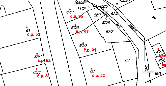 Milonice 31 na parcele st. 67/2 v KÚ Milonice, Katastrální mapa