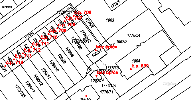 Milovice 49360965 na parcele st. 1062/1 v KÚ Milovice nad Labem, Katastrální mapa