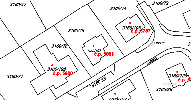 Chomutov 5891 na parcele st. 3160/187 v KÚ Chomutov II, Katastrální mapa