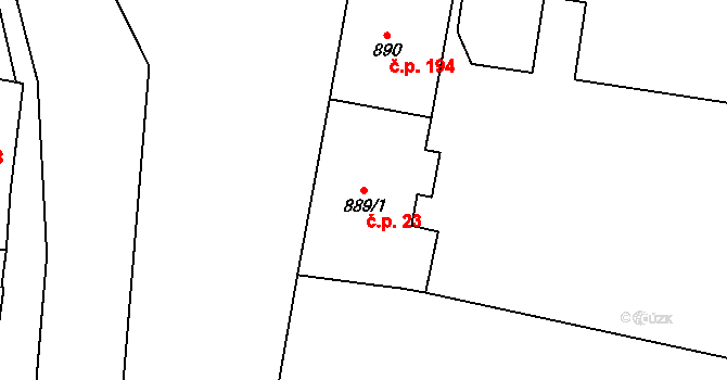 Protivín 23 na parcele st. 889/1 v KÚ Protivín, Katastrální mapa