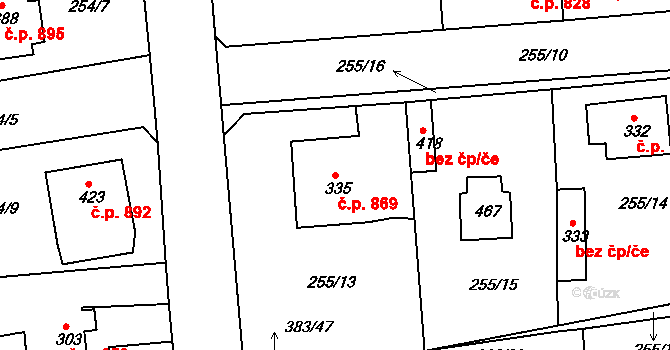 Rudná 869 na parcele st. 335 v KÚ Hořelice, Katastrální mapa