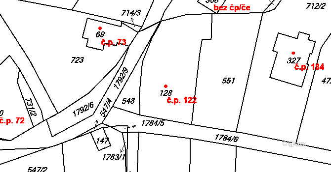 Rybnice 122 na parcele st. 128 v KÚ Rybnice u Kaznějova, Katastrální mapa