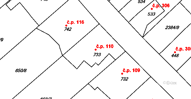 Olivětín 110, Broumov na parcele st. 733 v KÚ Broumov, Katastrální mapa