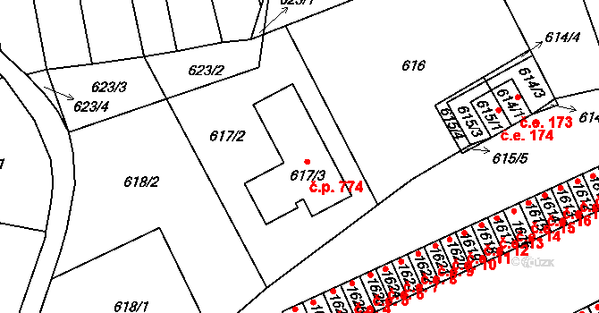 Bystřice nad Pernštejnem 774 na parcele st. 617/3 v KÚ Bystřice nad Pernštejnem, Katastrální mapa