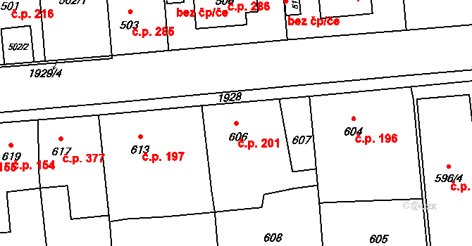 Postřelmov 201 na parcele st. 606 v KÚ Postřelmov, Katastrální mapa