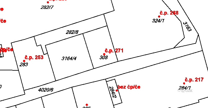 Kryry 271 na parcele st. 308 v KÚ Kryry, Katastrální mapa