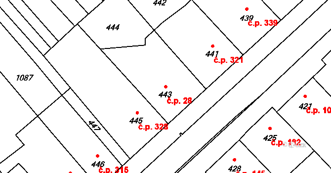 Týnec 28 na parcele st. 443 v KÚ Týnec na Moravě, Katastrální mapa
