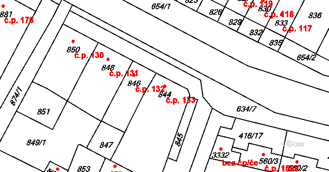 Rychlov 133, Bystřice pod Hostýnem na parcele st. 844 v KÚ Rychlov u Bystřice pod Hostýnem, Katastrální mapa