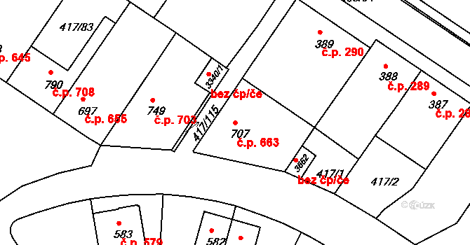 Bystřice pod Hostýnem 663 na parcele st. 707 v KÚ Bystřice pod Hostýnem, Katastrální mapa