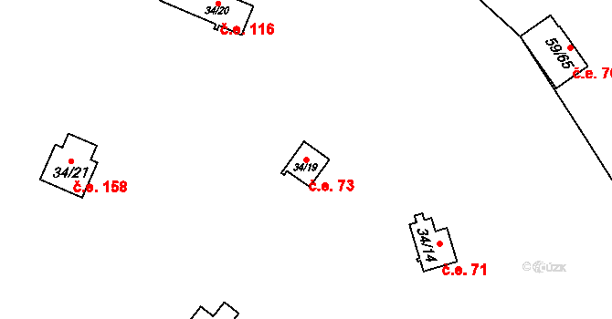 Jazovice 73, Starý Petřín na parcele st. 34/19 v KÚ Jazovice, Katastrální mapa