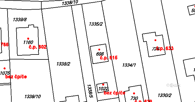 Lišov 615 na parcele st. 698 v KÚ Lišov, Katastrální mapa