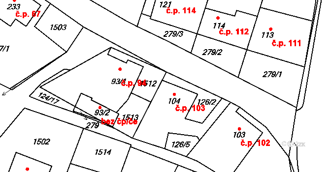 Kozlov 103 na parcele st. 104 v KÚ Kozlov u Jihlavy, Katastrální mapa