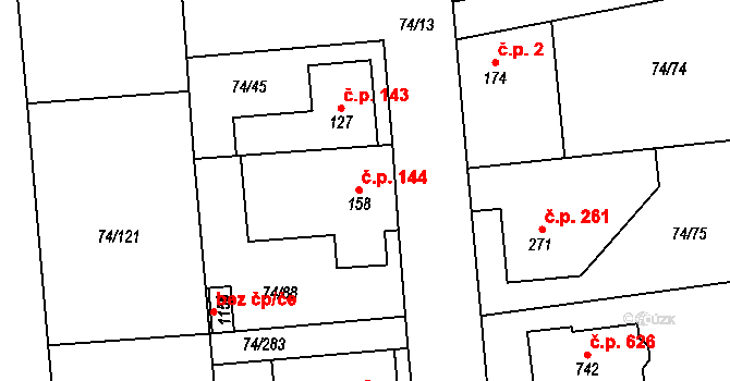 Hovorčovice 144 na parcele st. 158 v KÚ Hovorčovice, Katastrální mapa