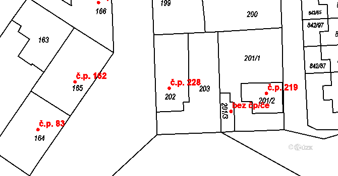 Mochov 228 na parcele st. 202 v KÚ Mochov, Katastrální mapa