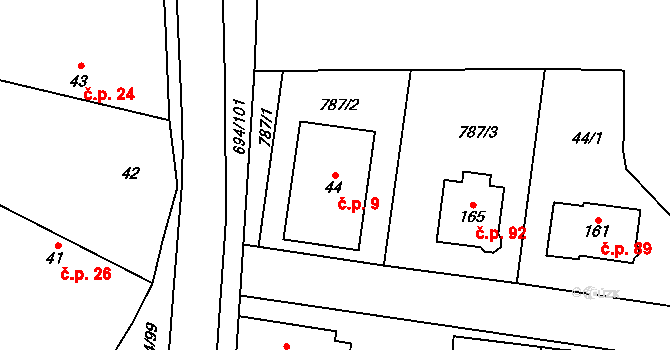 Milovice u Hořic 9 na parcele st. 44 v KÚ Milovice u Hořic, Katastrální mapa
